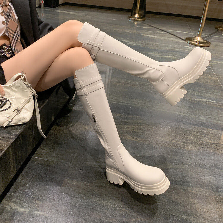 Karin Luna In Stock  Round Toe Thick Sole Casual Belt Buckle Long Boots