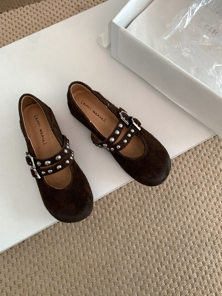 Karin Luna Hot Item Hot Item Punk Style One-Strap Round-Toe Suede Leather Height-Increasing Flats