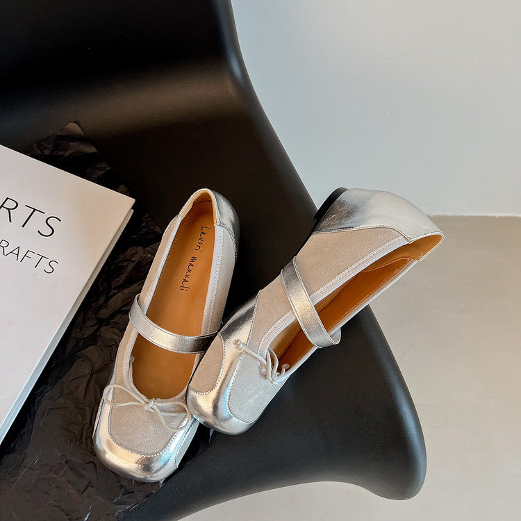 Karin Luna In Stock Spot Goods    Color Block Cowhide Leather Square Toe Slip-On Height Increasing Bowknot Flats