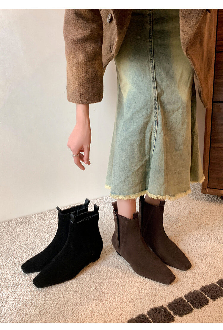 Karin Luna Classic Style Internal Height Increase Cowhide Leather Small Square Toe Short Fashion Boots