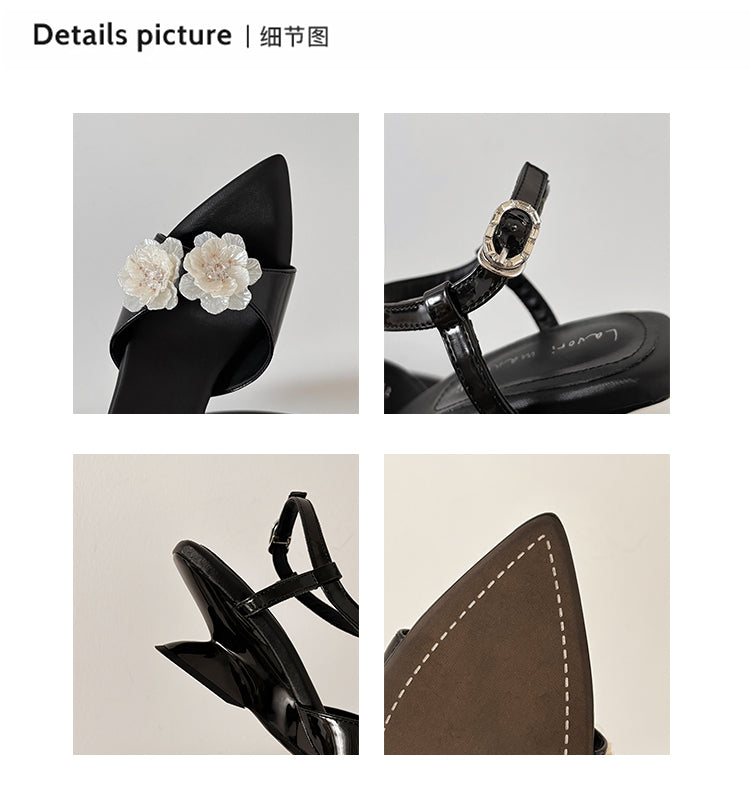 Karin Luna In Stock Spot Goods  Classic Camellia Pointed Toe Elegant Irregular Heel Sandals