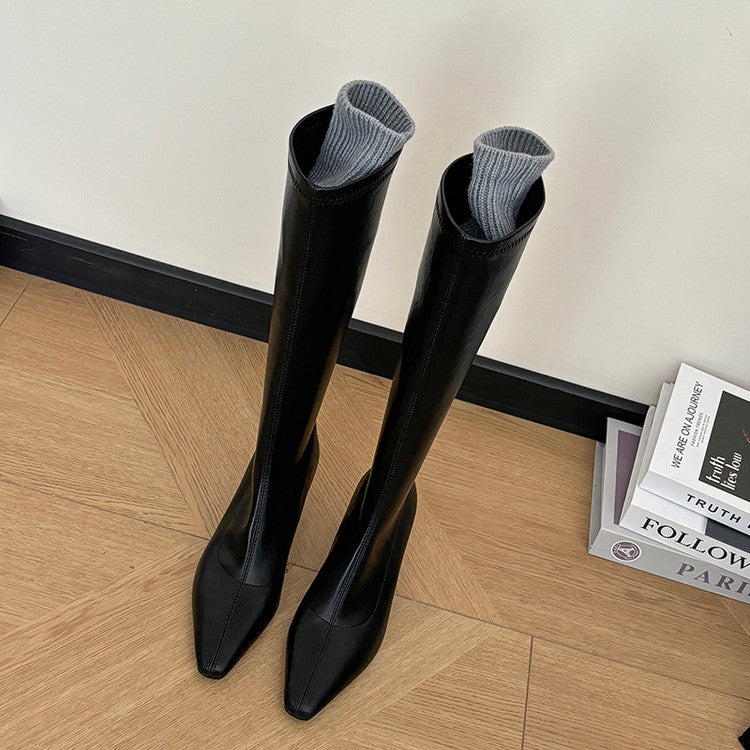 Karin Luna In Stock In Stock  Square Toe Chunky Heel Korean Style Elegant Long Boots