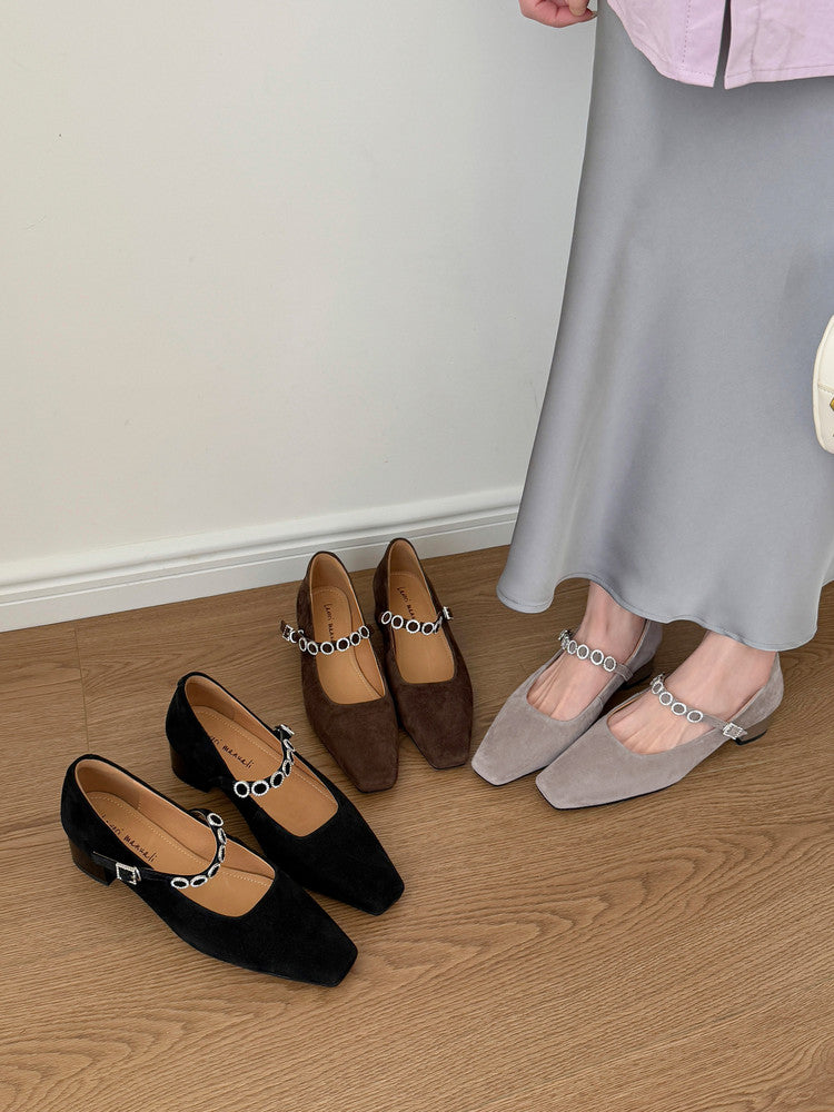Karin Luna In Stock Spot Goods  Vintage Full Leather Square Toe Rhinestone Strap Shallow Mouth Single Shoes