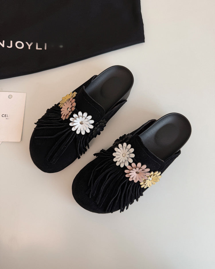 Karin Luna   Tassel Three-Dimensional Flower Thick-Soled Closed-Toe Slippers