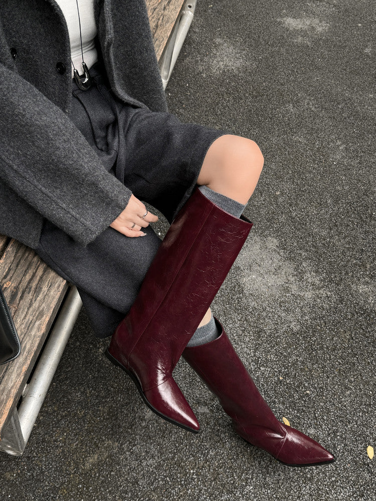 Karin Luna Elegant Style Pointed Toe Internal Height Increase Slip-On Long Boots