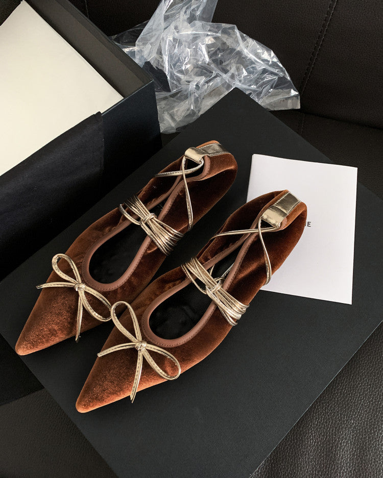 Karin Luna In Stock In Stock Retro Velvet Pointed Toe Bowknot Single Shoes