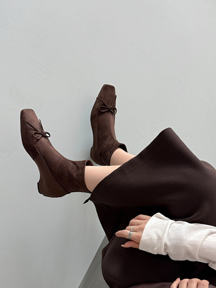 Karin Luna French Style Square Toe Bowknot Hidden Wedge Slim Boots