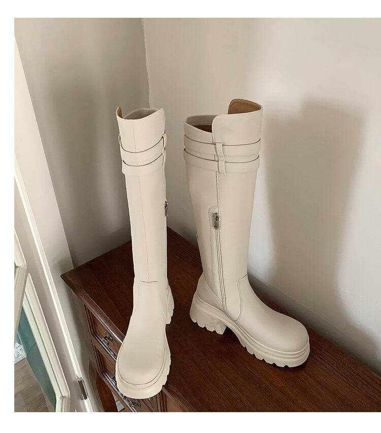 Karin Luna In Stock  Round Toe Thick Sole Casual Belt Buckle Long Boots