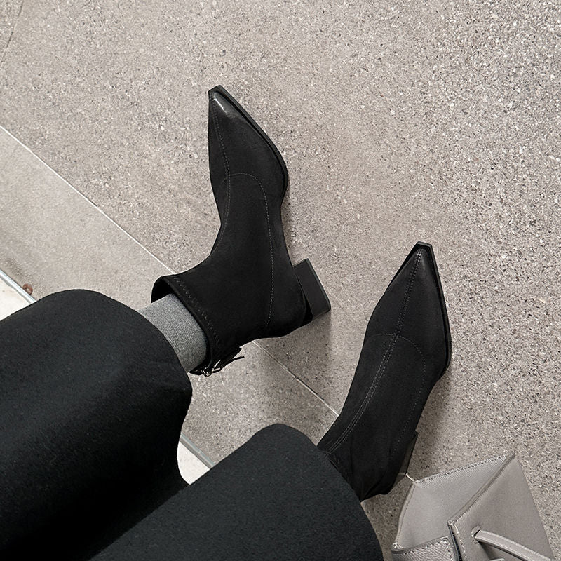 Karin Luna In Stock In Stock Elastic Slim Pointed Toe Chunky Heel Basic Ankle Boots