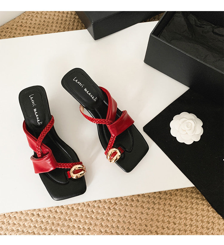 Karin Luna Braided Style ~Cross Strap Square Toe Irregular Heel Slippers