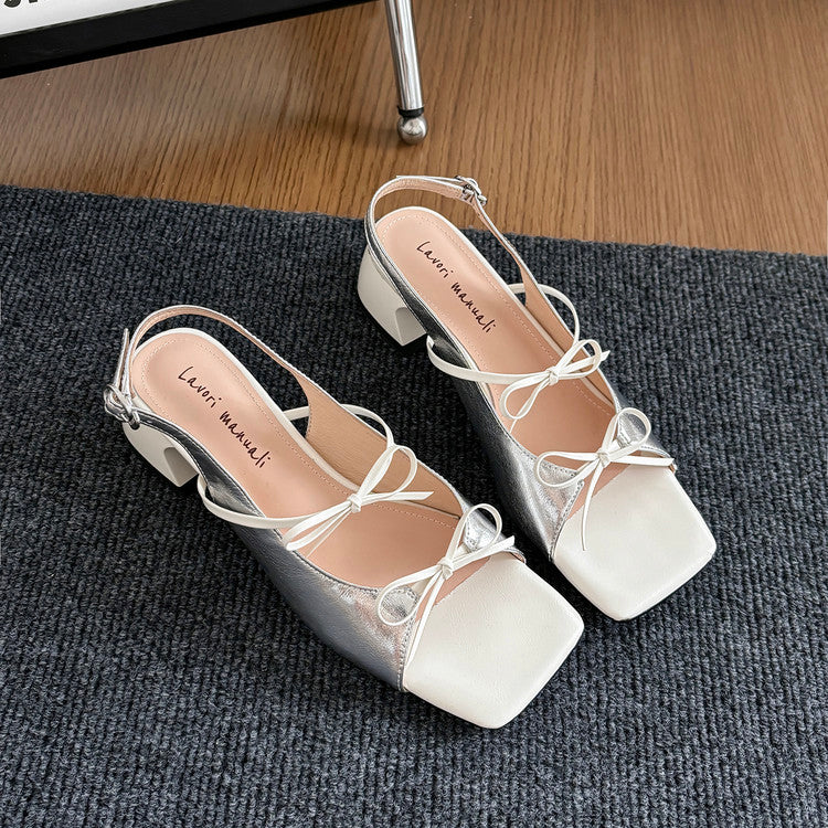 Karin Luna In Stock Spot Goods Square Toe Double Bow Thick Heel Sandals