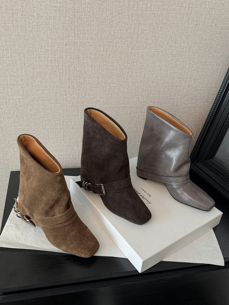 Karin Luna Data Hot Item Square Toe Hidden Wedge Belt Buckle Suede Ankle Boots