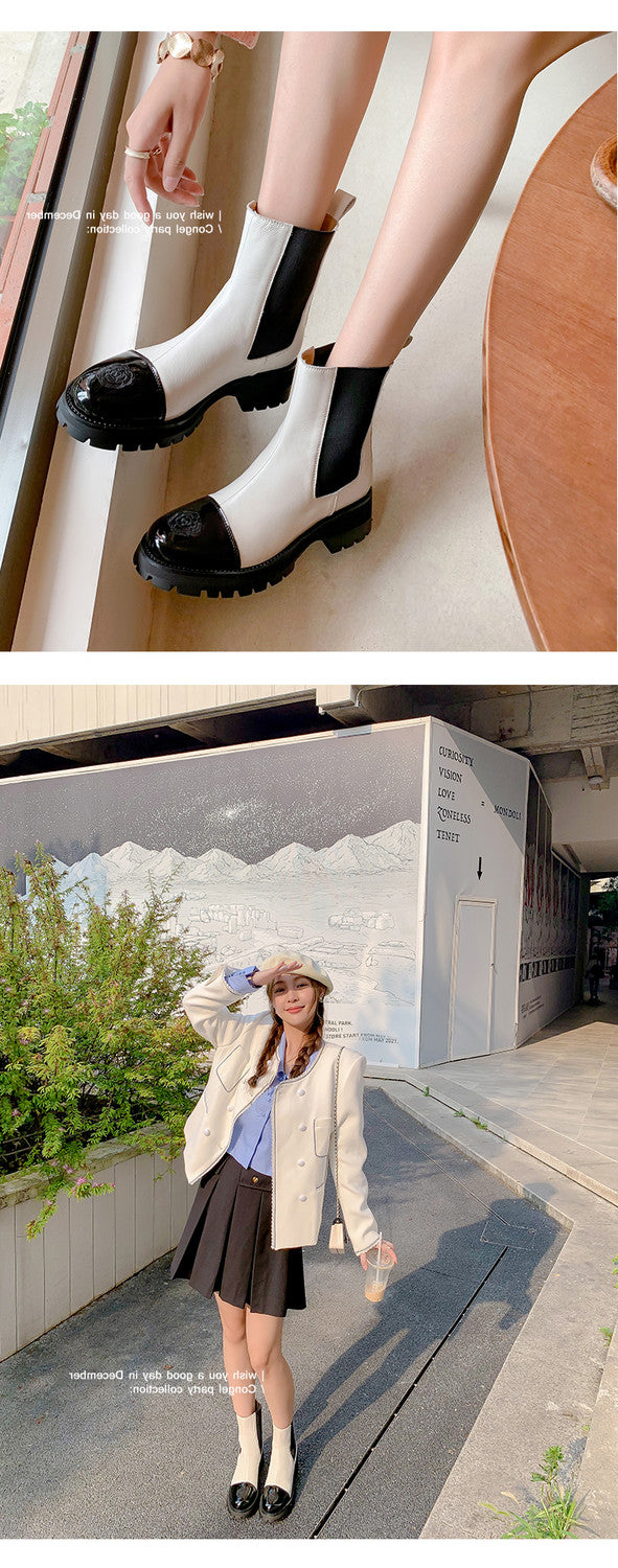 Karin Luna In Stock Spot Goods  Classic Embroidered Camellia Round Toe Thick Sole Chelsea Boots