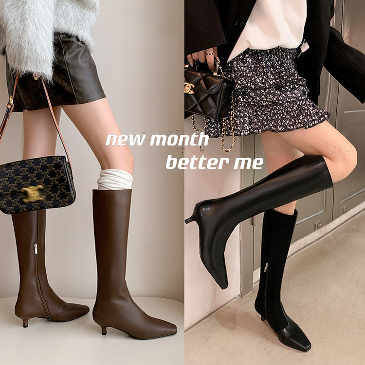 Karin Luna In Stock Spot Goods   Small Square Toe Thin Heel Elegant Slimming Long Boots