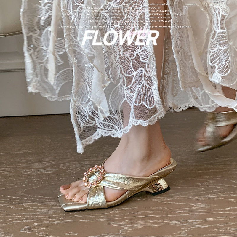 Karin Luna In Stock In Stock Elegant Square-Toe Cross-Strap Rhinestone Square-Toe Slippers