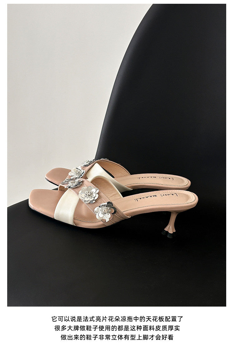 Karin Luna In Stock Spot Goods  Sequin Floral Cross Strap Square Toe Stiletto Slippers