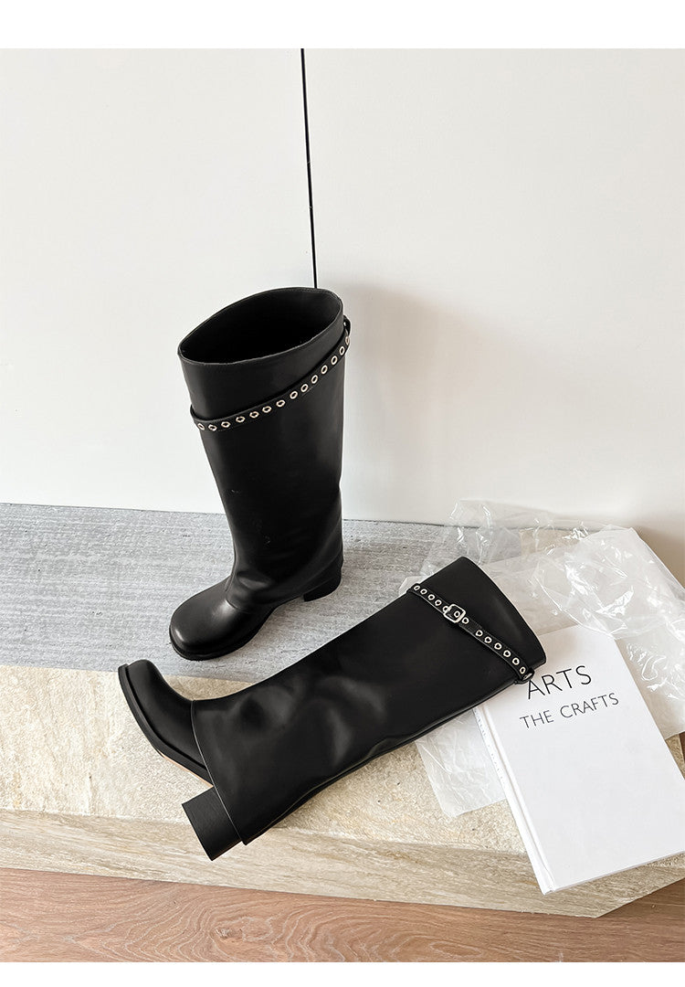 Karin Luna In Stock Spot Goods Belt Buckle Color-Washed Casual Thick-Soled Bootcut Pants Boots
