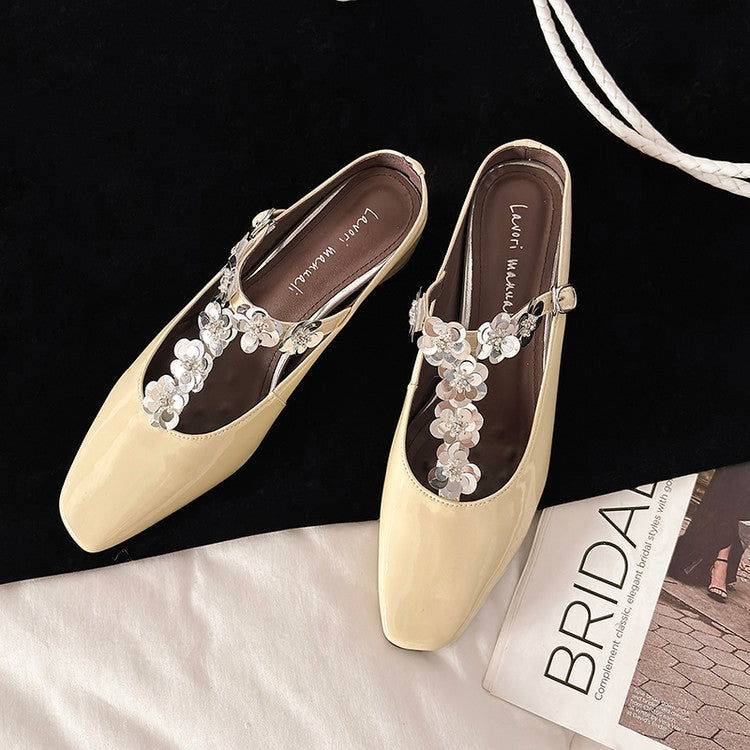 Karin Luna In Stock Spot Goods  T Handmade Sequin Flower Square Toe Height-Increasing Closed-Toe Slippers