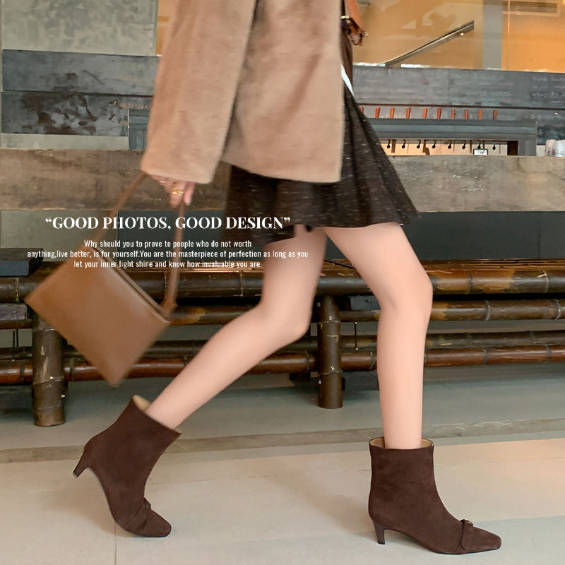Karin Luna Elegant Style Small Square Toe Belt Buckle Thin Heel Short Boots