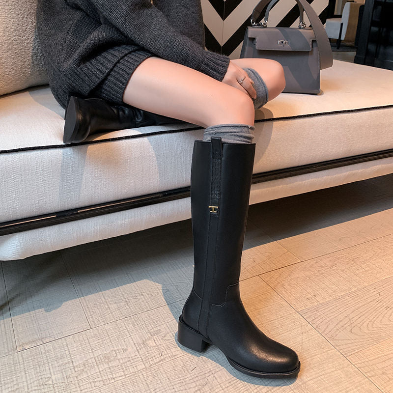 Karin Luna In Stock Spot Goods Basic Retro Square Toe Chunky Heel Riding Boots