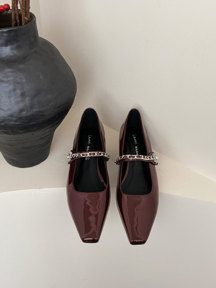 Karin Luna In Stock In Stock ~Metal One-Strap Pearl Small Square Toe Height-Increasing Flats