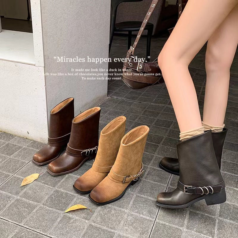 Karin Luna Elegant Style Square Toe Belt Buckle Pants Boot Short Boots