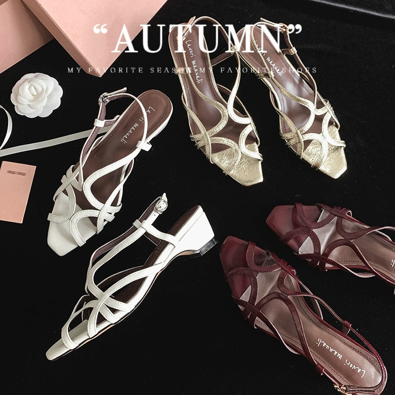 Karin Luna French Hollow Style Small Square Toe Chunky Heel Sandals