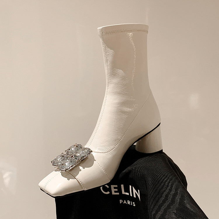 Karin Luna In Stock  Elegant Style Square Toe Rhinestone Chunky Heel Ankle Boots