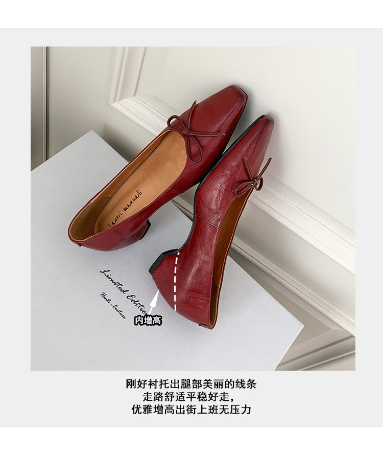 Karin Luna Full Layer Inside and Out~Basic Versatile Small Square Toe Butterfly Knot Irregular Heel Single Shoes