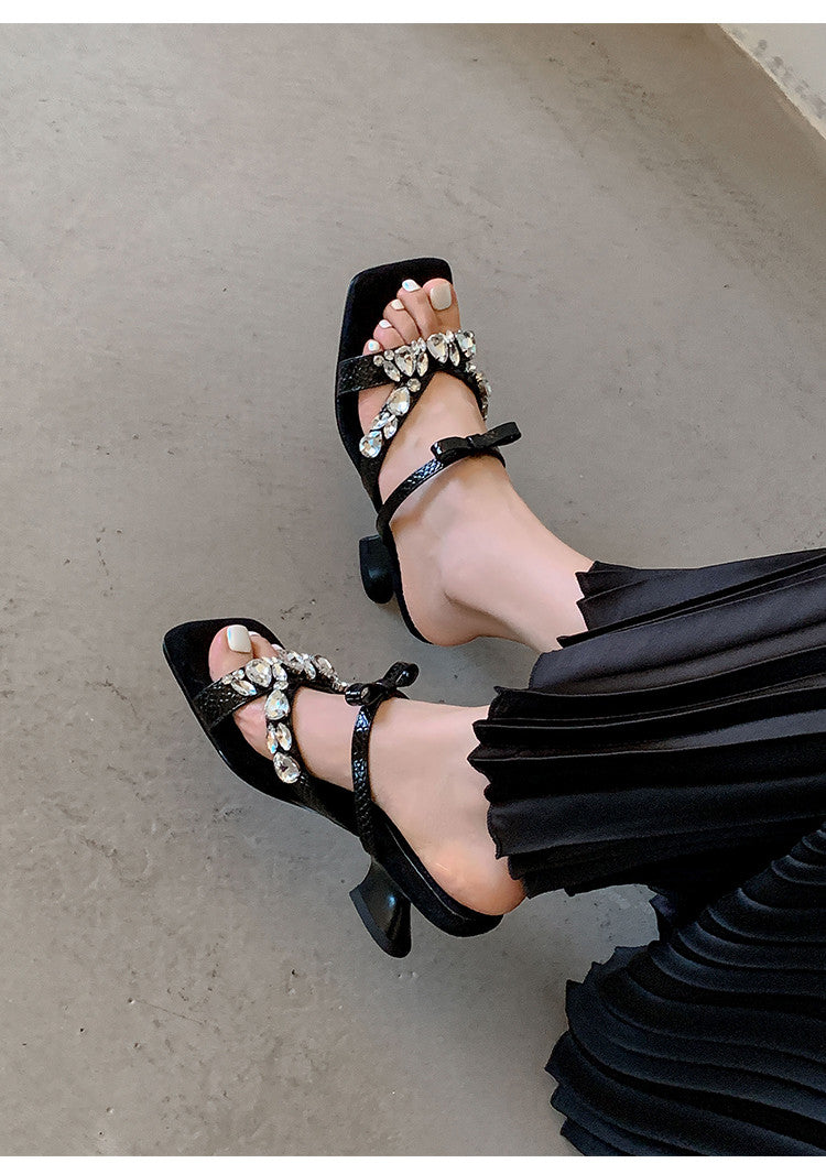 Karin Luna In Stock In Stock  Square Toe Rhinestone Bow Suede Slippers