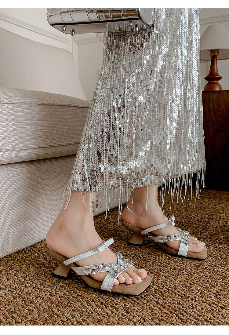 Karin Luna In Stock In Stock  Square Toe Rhinestone Bow Suede Slippers