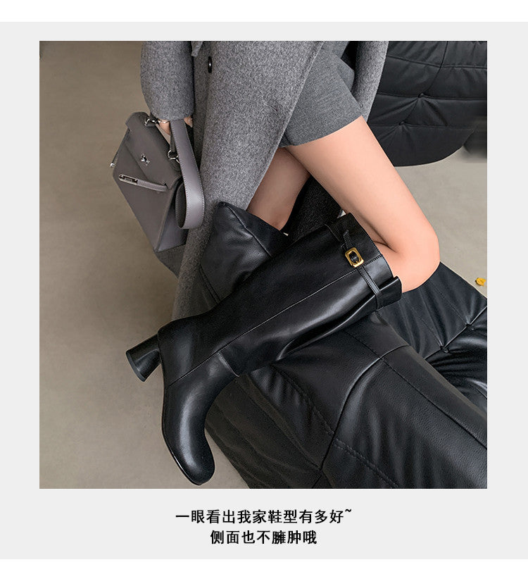 Karin Luna In Stock In Stock Mango Head Large Tube Belt Buckle Chunky Heel Long Boots