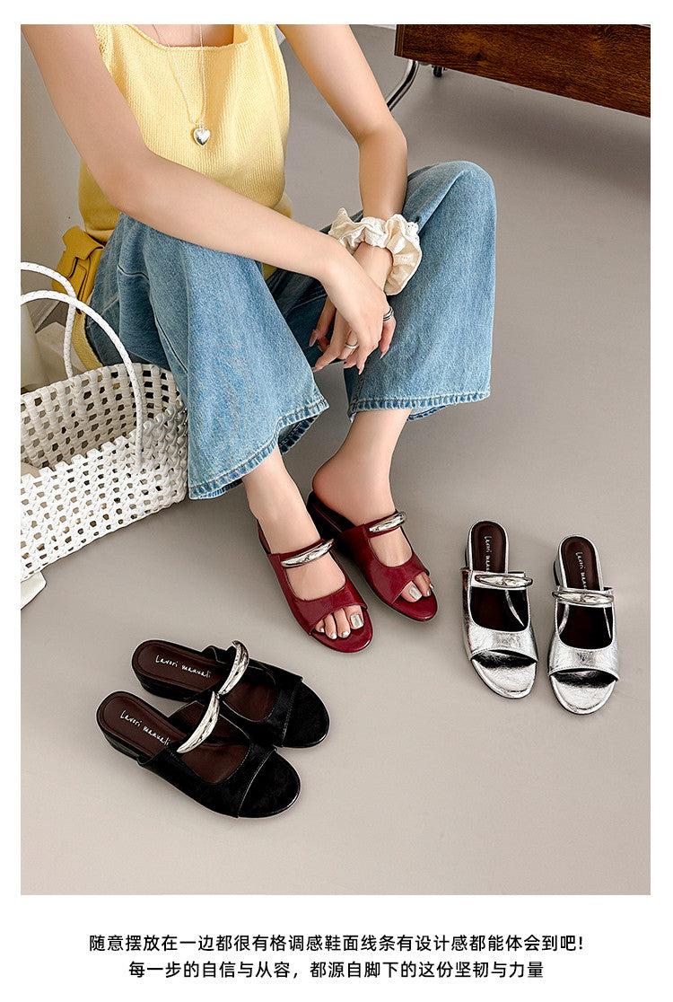Karin Luna In Stock Spot Goods  Metal Buckle Round Toe Strap Slippers
