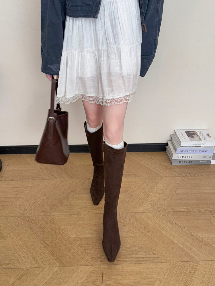 Karin Luna In Stock In Stock  Square Toe Chunky Heel Korean Style Elegant Long Boots