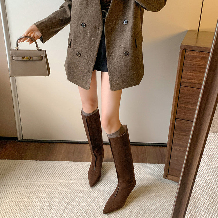 Karin Luna In Stock Spot Goods Retro Cowhide Pointed Toe Stiletto Elegant Long Boots