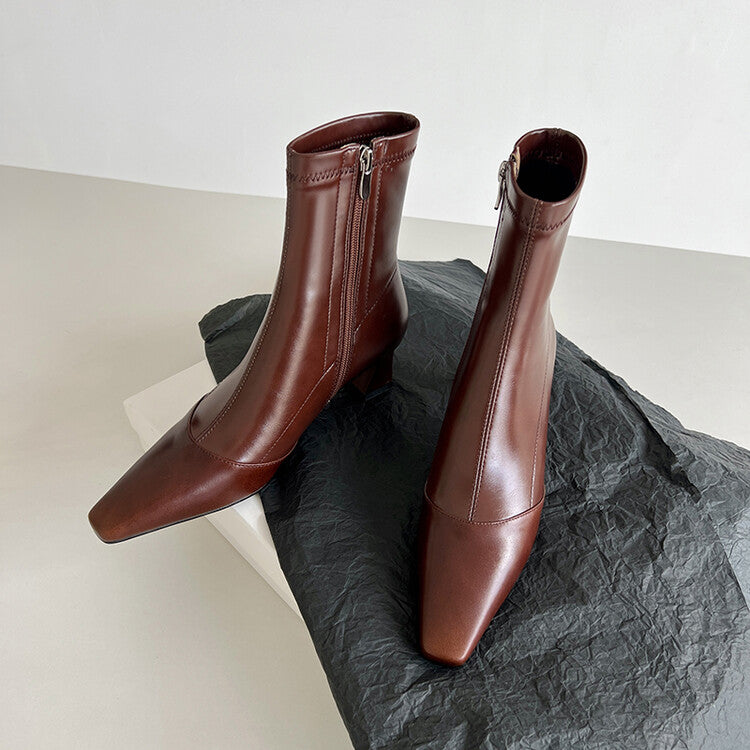 Karin Luna Elegant Small Square Toe Chunky Heel Slim Boots