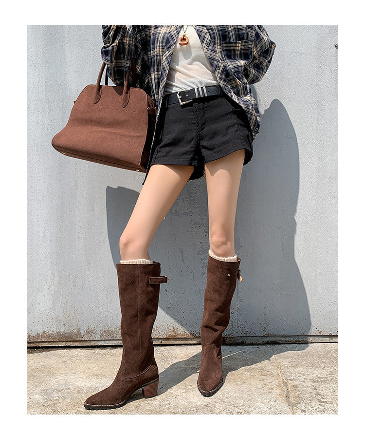 Karin Luna In Stock Spot Goods Retro Cowhide Leather Chunky Heel Suede Long Boots