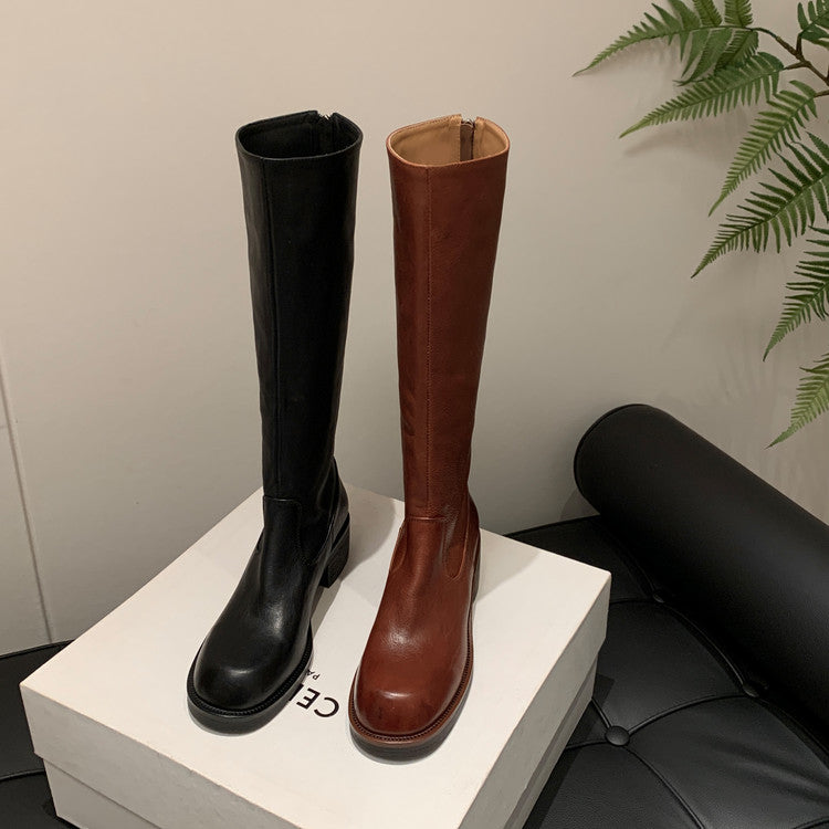 Karin Luna Basic Versatile Style Round Toe Chunky Heel Long Boots