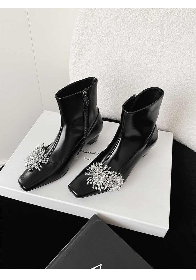 Karin Luna Elegant Style Square Toe Flower Design Height Increasing Short Boots with Two Front and Back Options