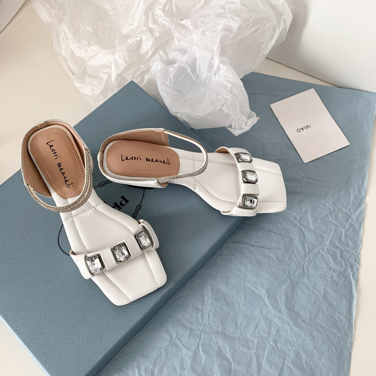 Karin Luna Bestseller Popular Rhinestone Ribbon Square Toe Slippers