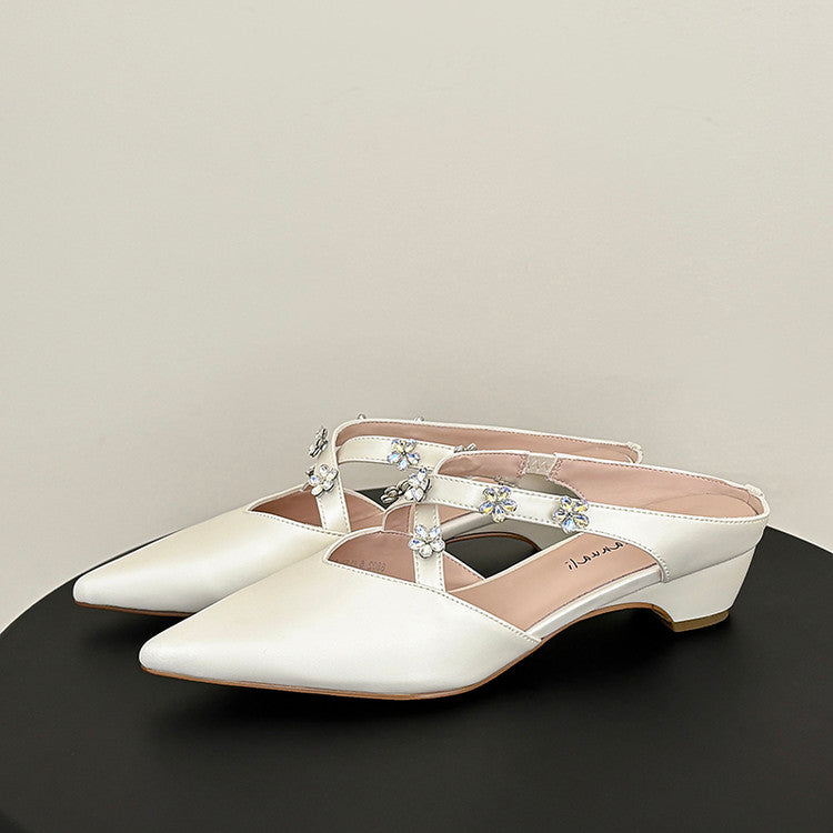 Karin Luna Elegant Pointed Toe Rhinestone Flower High Heel Mules