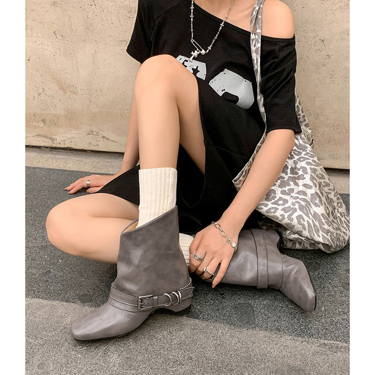 Karin Luna Data Hot Item Square Toe Hidden Wedge Belt Buckle Suede Ankle Boots