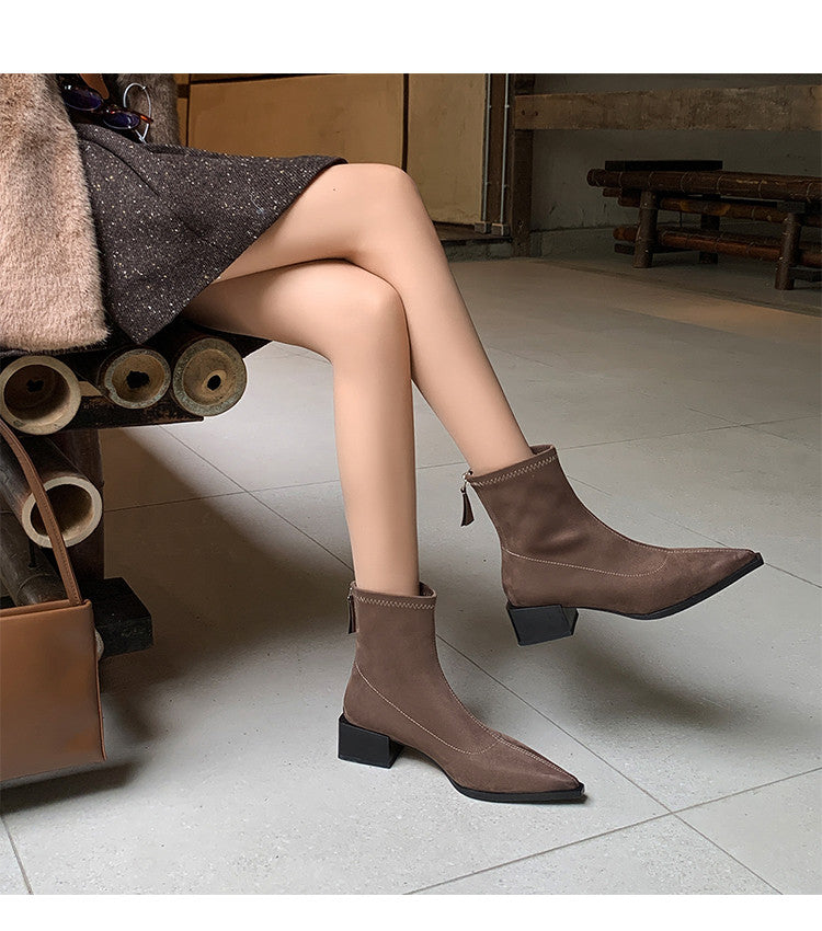 Karin Luna In Stock In Stock Elastic Slim Pointed Toe Chunky Heel Basic Ankle Boots