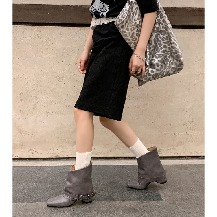 Karin Luna Data Hot Item Square Toe Hidden Wedge Belt Buckle Suede Ankle Boots