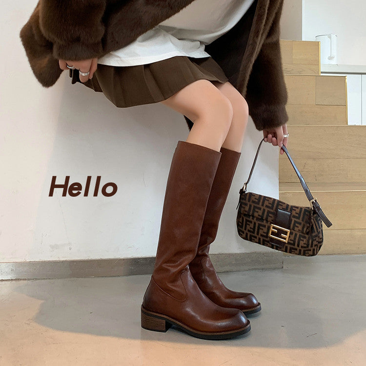 Karin Luna Basic Versatile Style Round Toe Chunky Heel Long Boots