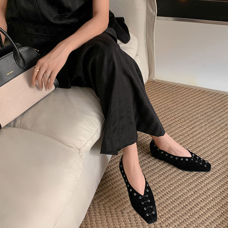 Karin Luna In Stock Spot Goods    Old Money Style Square Toe Suede Flats