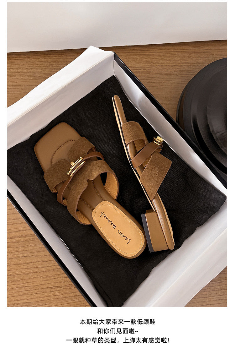 Karin Luna Comfortable Gold Buckle Square Toe Chunky Heel Casual Style Slippers