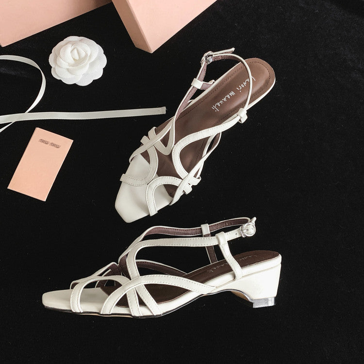 Karin Luna French Hollow Style Small Square Toe Chunky Heel Sandals