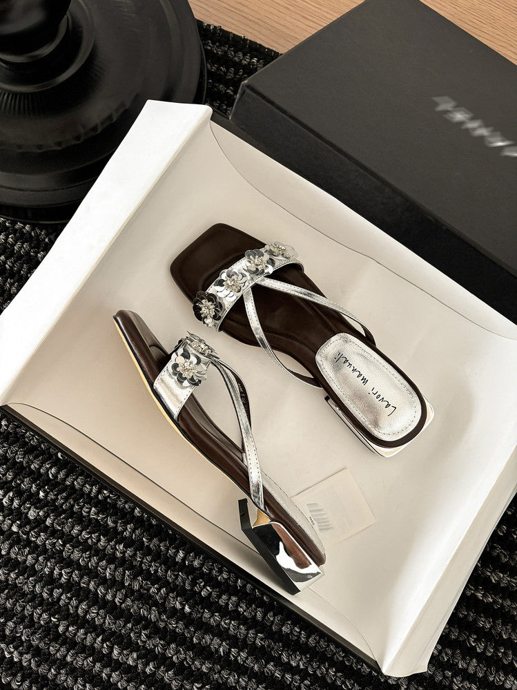 Karin Luna In Stock Spot Goods  One-Strap Sequin Floral Square-Toe Flat Slippers