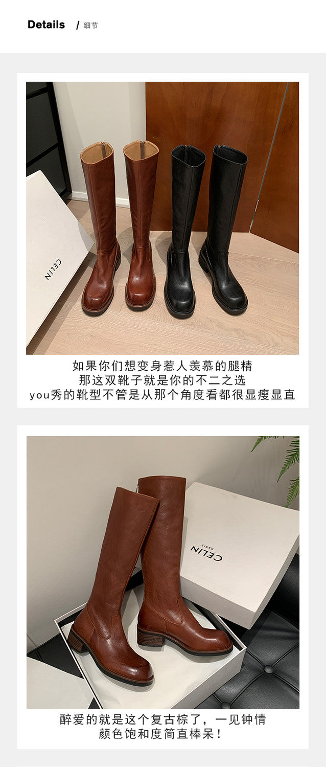 Karin Luna Basic Versatile Style Round Toe Chunky Heel Long Boots